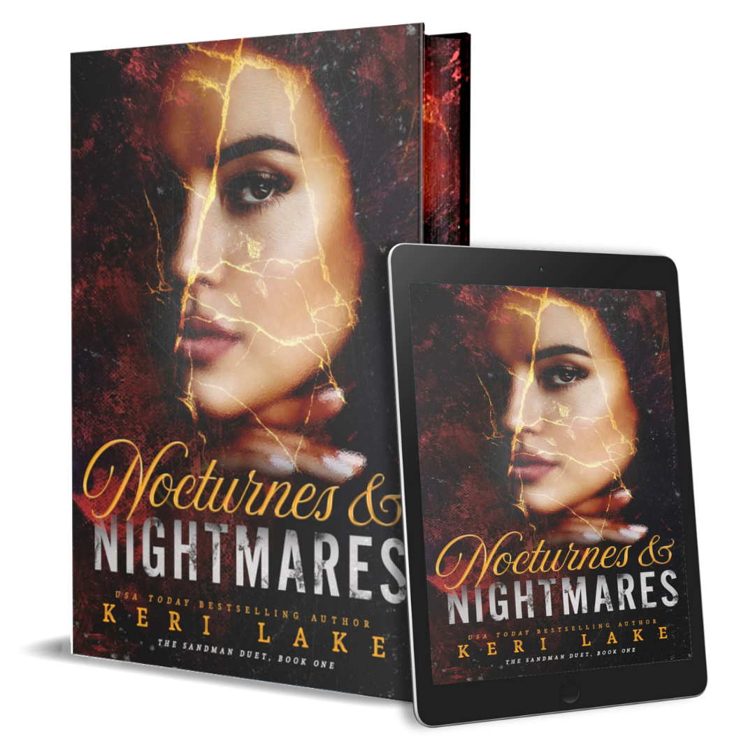 Book cover and digital version of 'Nocturnes & Nightmares' by Keri Lake on a white background