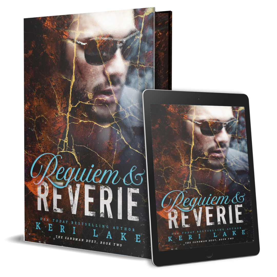 Book cover and digital version of 'Requiem & Reverie' by Keri Lake on a white background