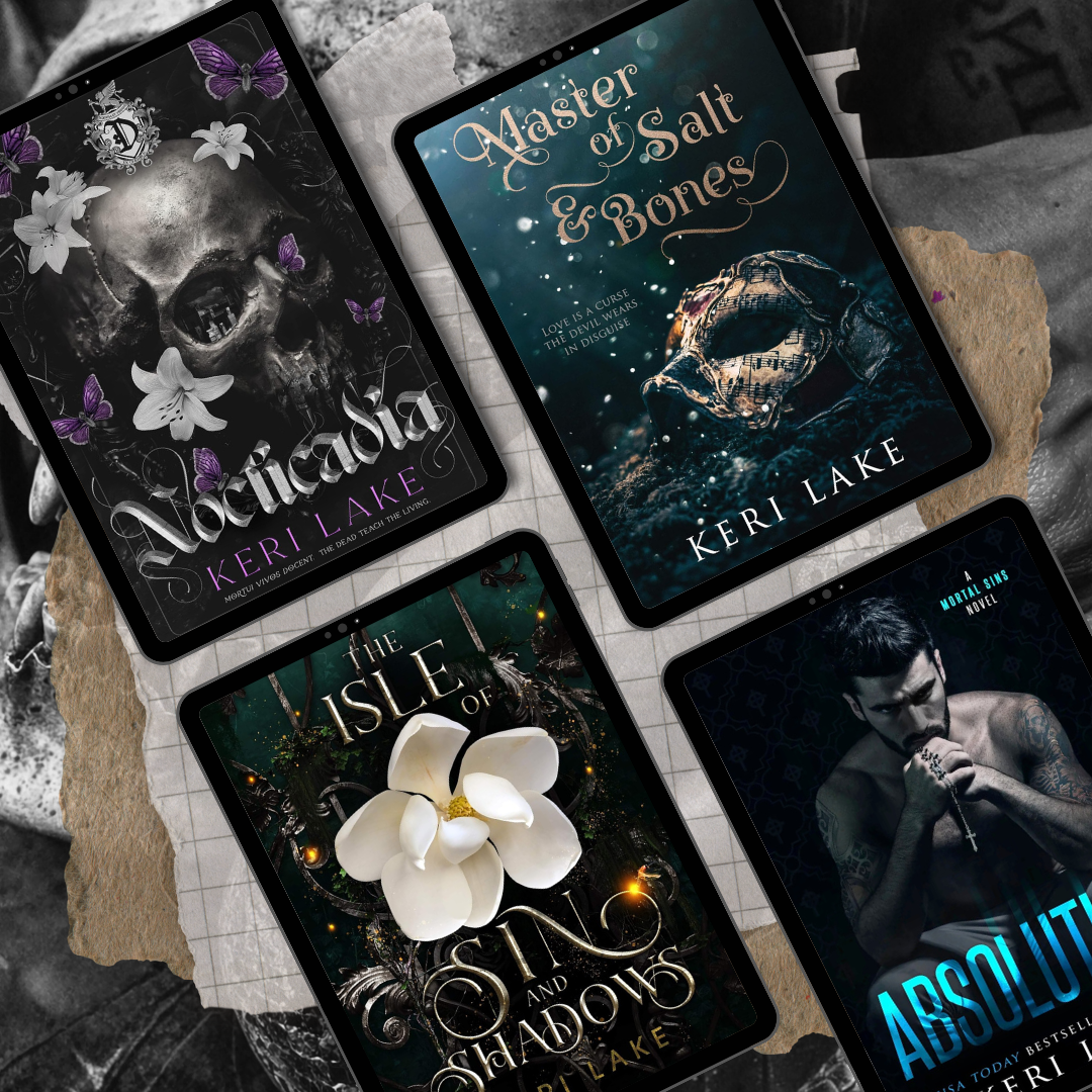 Four book covers of Keri Lake's novels on a textured surface.